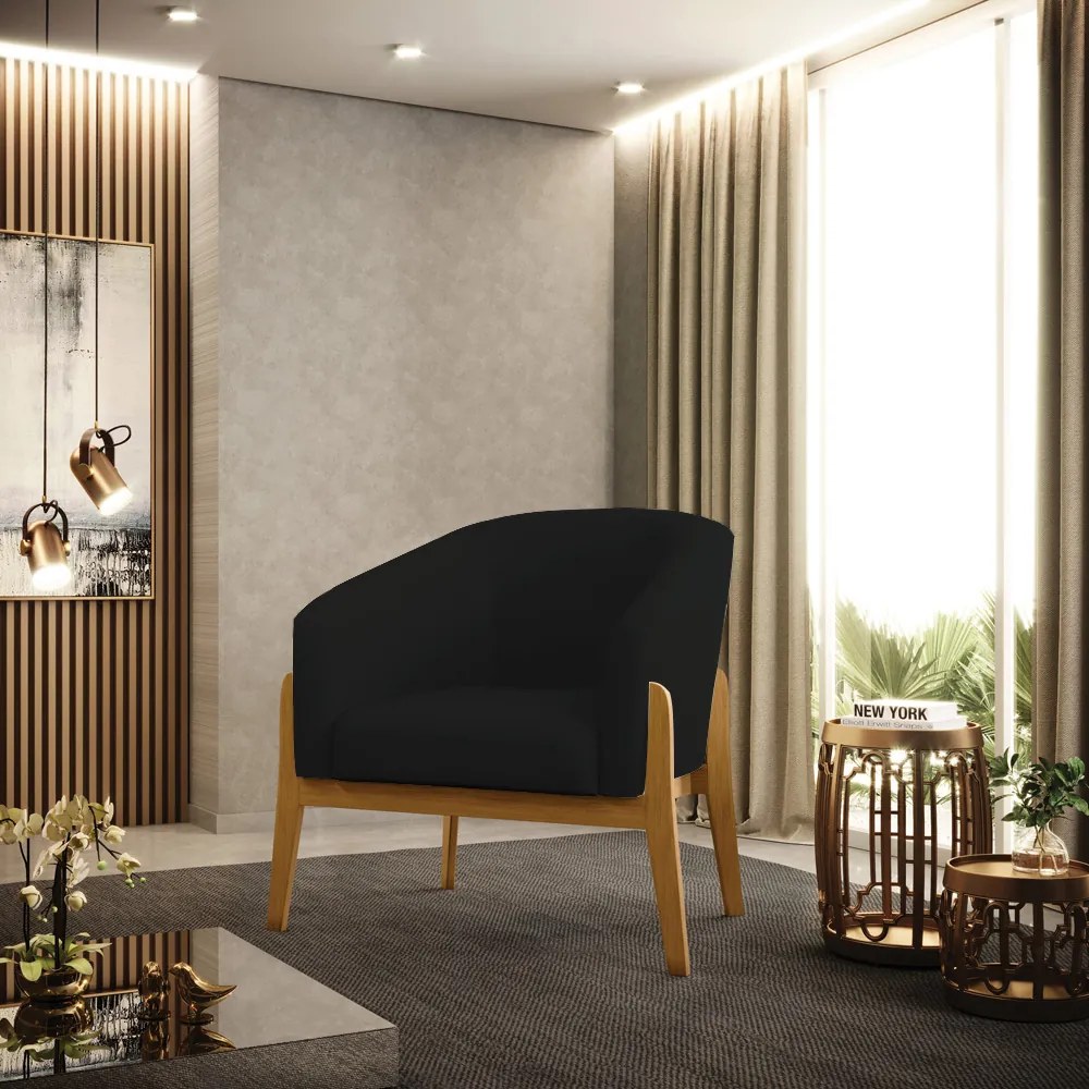 Poltrona Decorativa Base de Madeira Stella Linho Preto D03 - D'Rossi