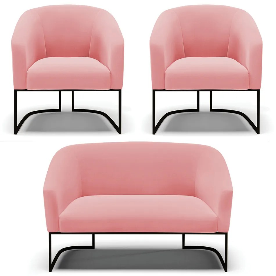 Namoradeira e 2 Poltronas Industrial Preto Stella Suede Rosê D03 - D'Rossi