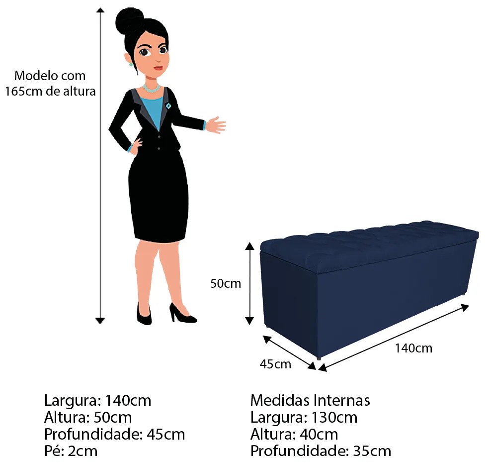 Calçadeira Estofada Liverpool 140 cm Casal Suede Azul Marinho - ADJ Decor