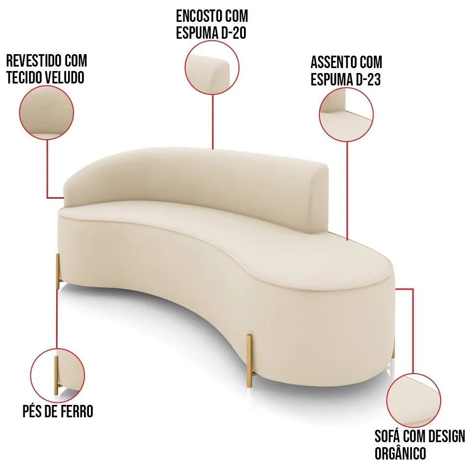 Sofá 4 Lugares Orgânico 220cm Pé Dourado Morgan Veludo D03 - D'Rossi - Bege