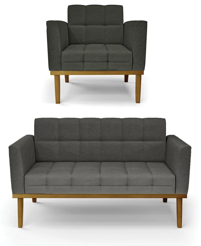 Conjunto Poltrona e Namoradeira Decorativas Karen Pés Fixo em Madeira Castanho Linho Cinza Mesclado G19 - Gran Belo