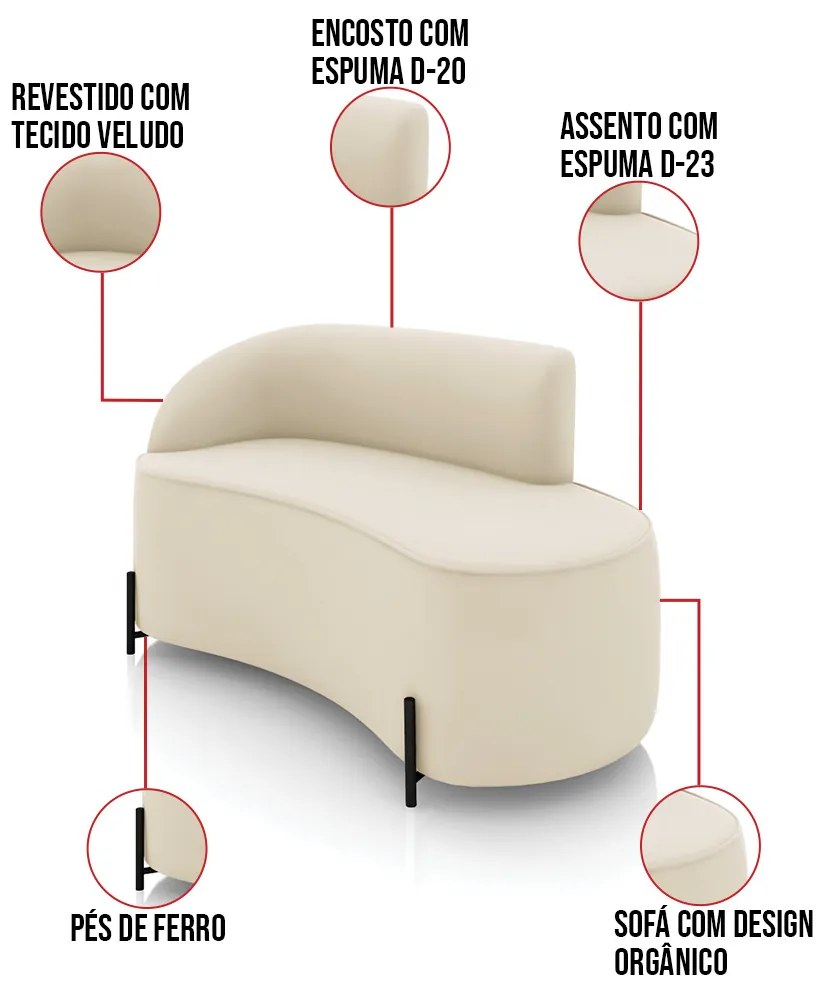 Sofá 2 Lugares Orgânico 140cm Pé Ferro Preto Morgan Veludo D03 - D'Rossi - Bege