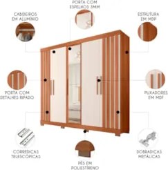 Guarda Roupa Casal 216cm 5 Portas Espelho Sulla Freijó/Off C01 - Mpoze