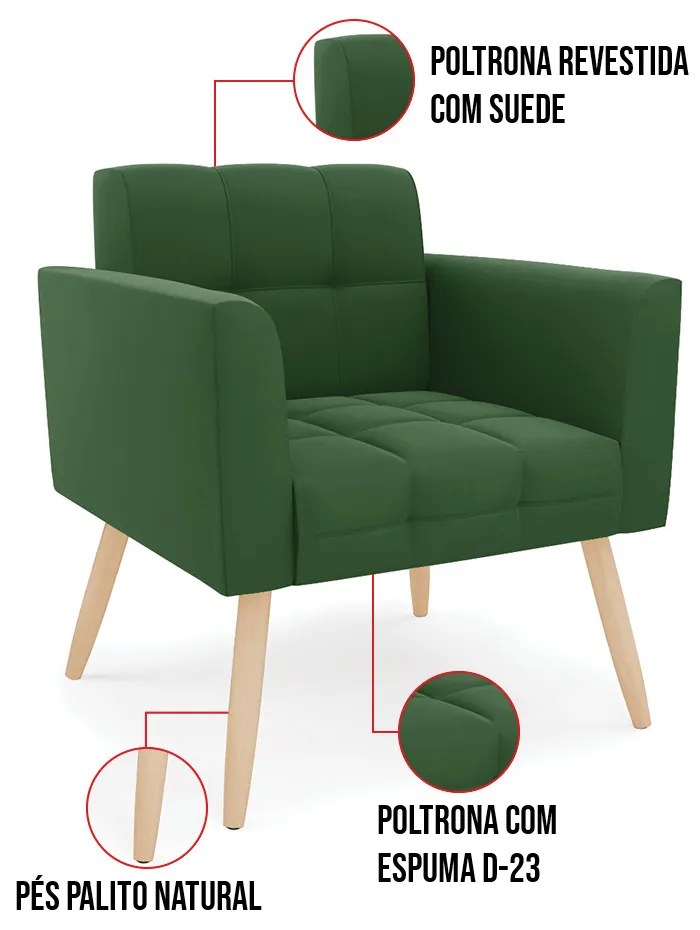 Kit 1 Sofá Namoradeira e 1 Poltrona Elisa Suede Pés Palito Natural D03 - D'Rossi - Verde