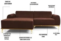 Sofá 245cm 4 Lugares com Chaise Esquerdo Pés Gold Molino C-276 Veludo