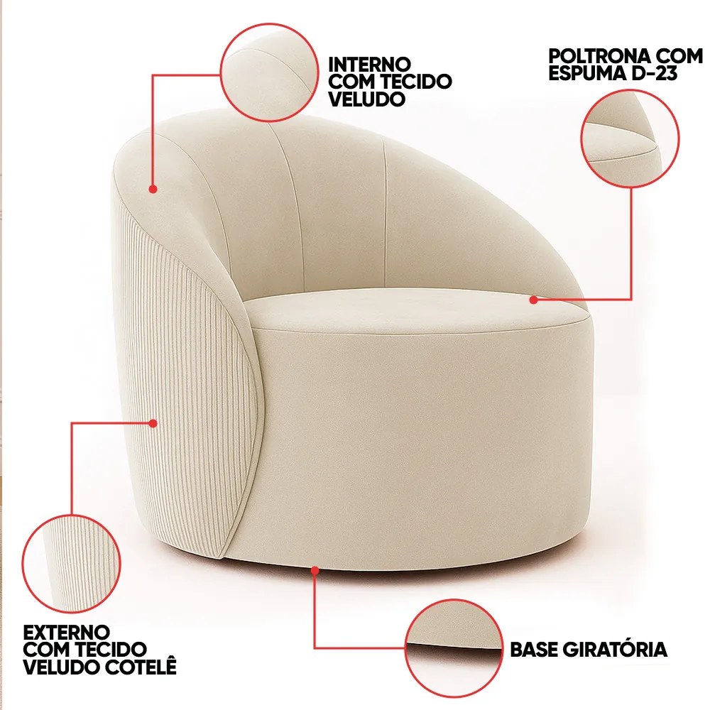 Poltrona Decorativa Orgânica Giratória Lua Cotelê/Veludo D03 - D'Rossi - Bege