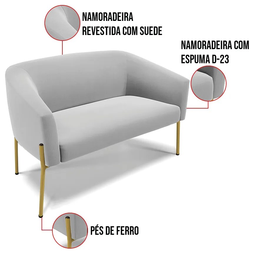 Sofá 2 Lugares Namoradeira Pé de Ferro Dourado Stella Suede Cinza D03 - D'Rossi