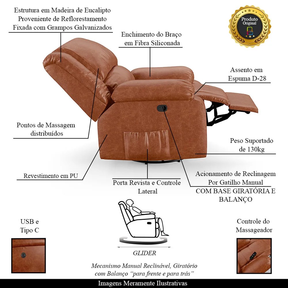 Poltrona do Papai Reclinável Sala de Cinema Madrid Glider Manual Giratória Massagem USB PU Caramelo Brilho G23 - Gran Belo