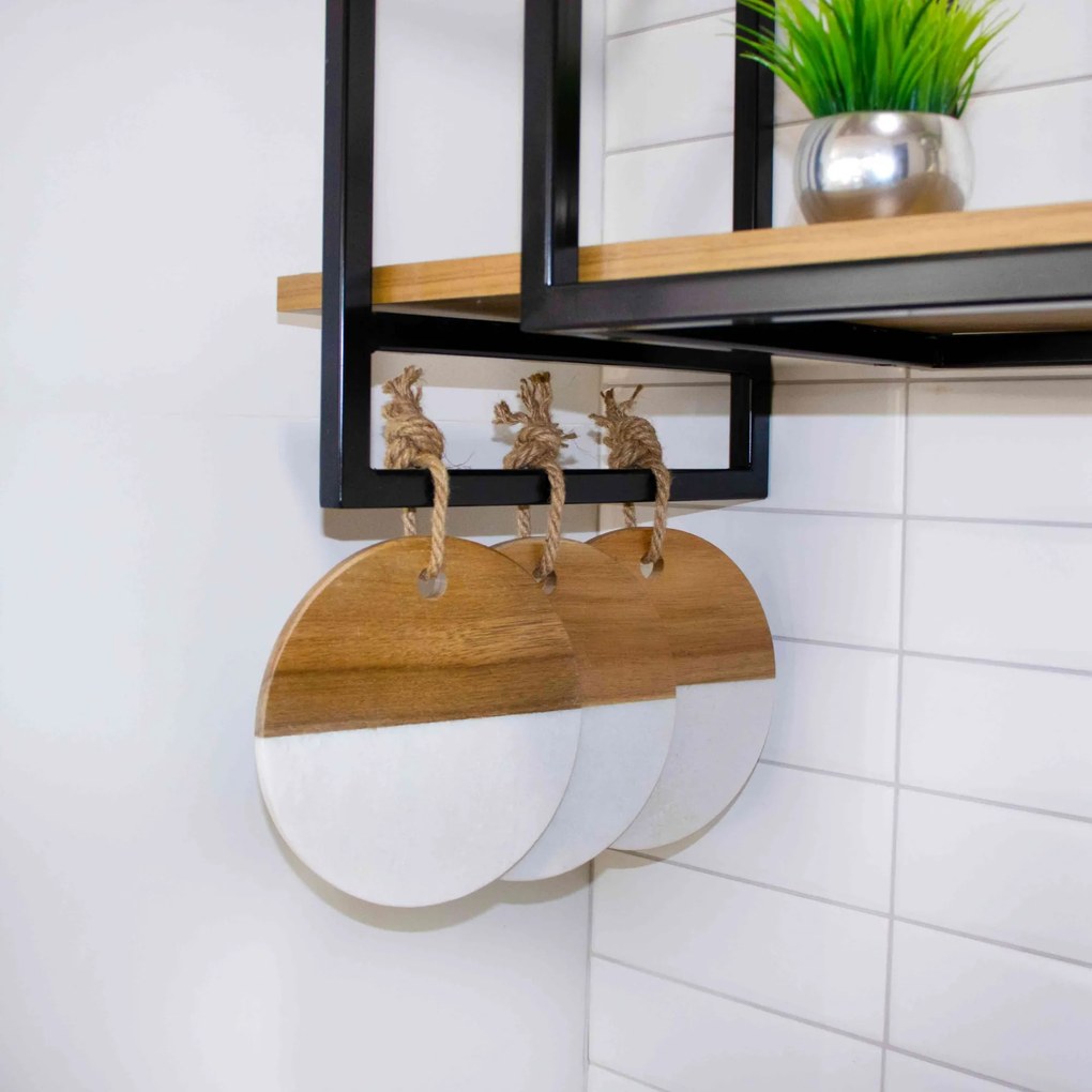 Tábua Decorativa Mármore Branco e Madeira 20 Cm F04 - D'Rossi