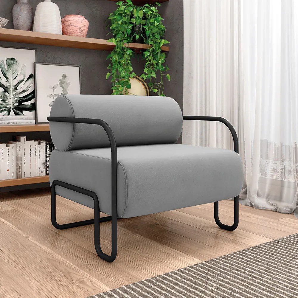 Poltrona Sala de Estar Industrial Preto Ameli Veludo K01 - D'Rossi - Cinza