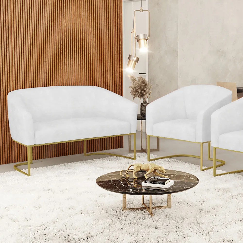 Sofá Namoradeira e Poltrona Base Industrial Dourado Stella Sintético PU D03 - D'Rossi - Branco