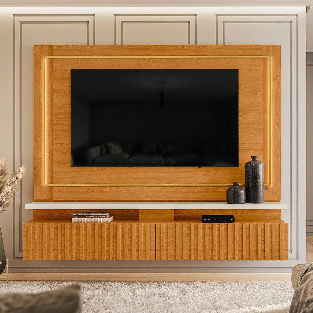Painel TV 75 Pol 216cm Bancada Suspensa Ripado Lurian M20 - D'Rossi - Cinamomo e Off White