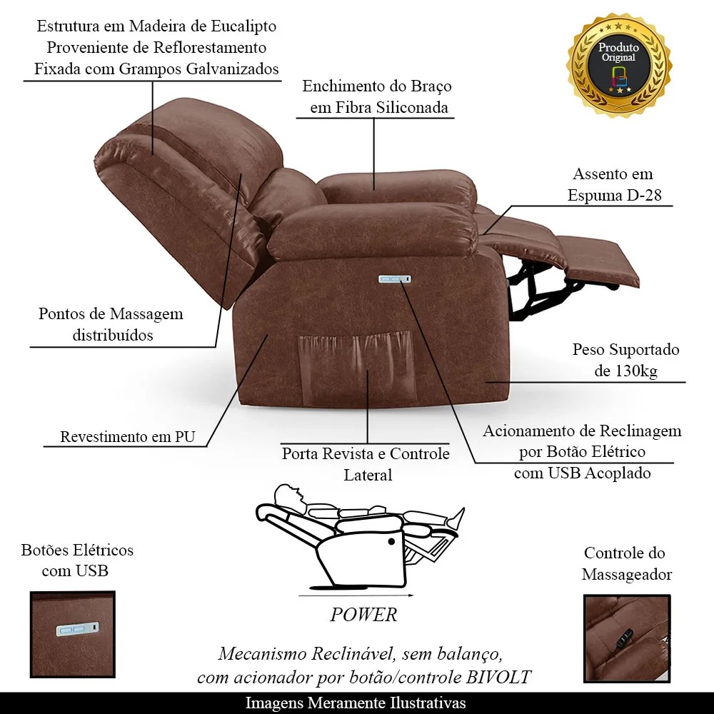 Poltrona do Papai Reclinável Sala de Cinema Madrid Elétrica Touch Massagem USB PU Marrom Brilho G23 - Gran Belo