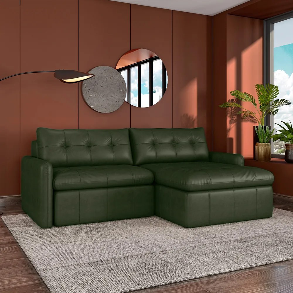 Sofá Retrátil Bipartido Sala de Estar Belém 224cm Couro Verde Manchado G52 - Gran Belo