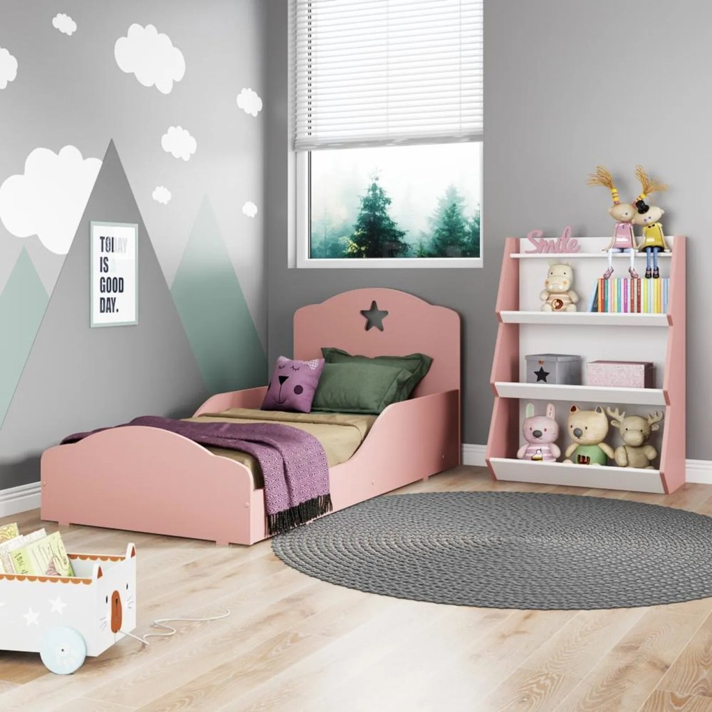 Quarto infantil com Mini Cama Montessoriana Com Colchão e Estante Zig Zag Multimóveis Rosa/Branco