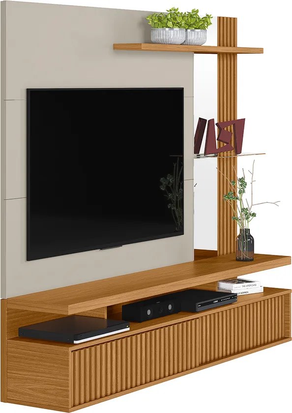 Painel Decorativo Otawa MDP/MDF Porta Ripada TV até 60 Polegadas Nature/Off White G77 - Gran Belo
