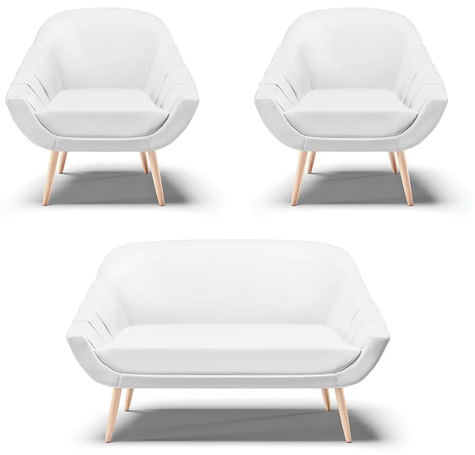 Kit 01 Namoradeira 02 Lugares e 02 Poltronas Giovana Corino Branco Pés Palito Natural - Indo Decorar