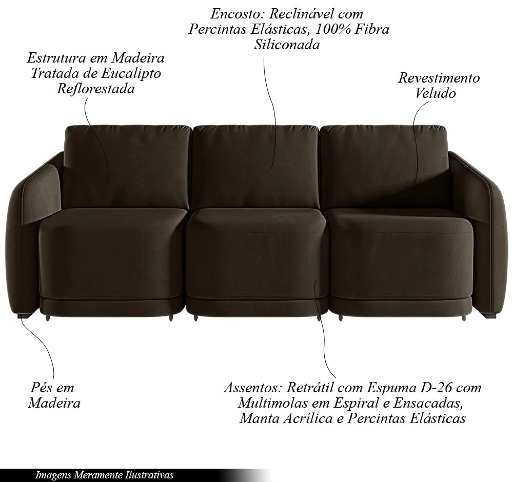 Sofá Cama Modulado Retrátil e Reclinável Decorativo Varsóvia 276cm Veludo Marrom G33 - Gran Belo