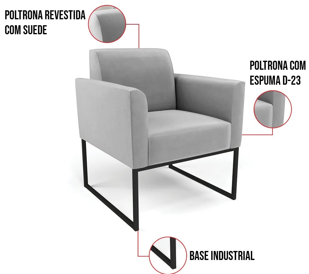 Kit 2 Poltronas Base Industrial Preto Marisa Suede - Cinza