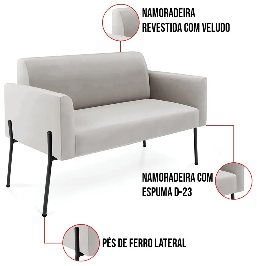 Sofá Namoradeira 2 Lugares Pé de Ferro Preto Marisa Veludo D03 - D'Rossi - Cinza