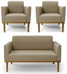 Sofá Namoradeira e 2 Poltronas Base Madeira Castanho Maressa Suede Mar
