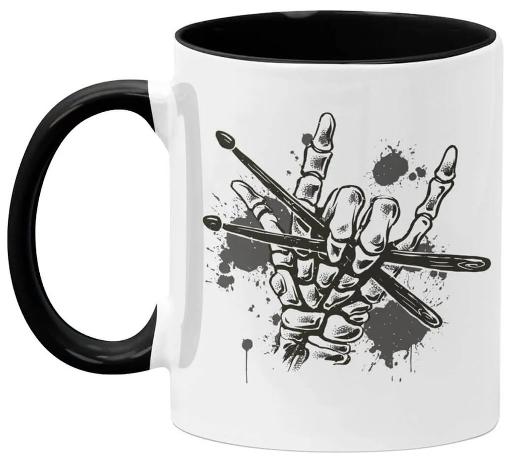 Caneca Caveira Rock Baquetas Branca com Alça Preta