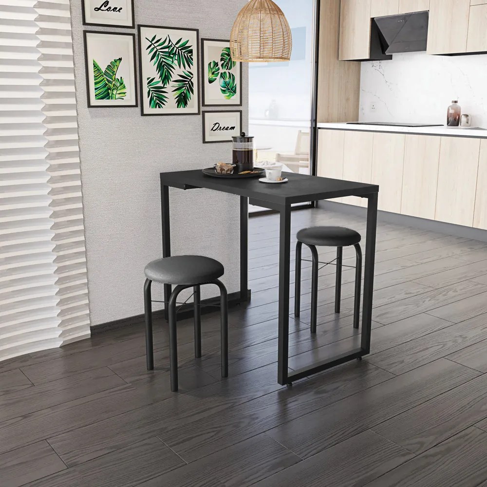 Mesa Multiuso Porto Preto 90cm com 02 Banquetas Manu Corino Preto - D'Rossi