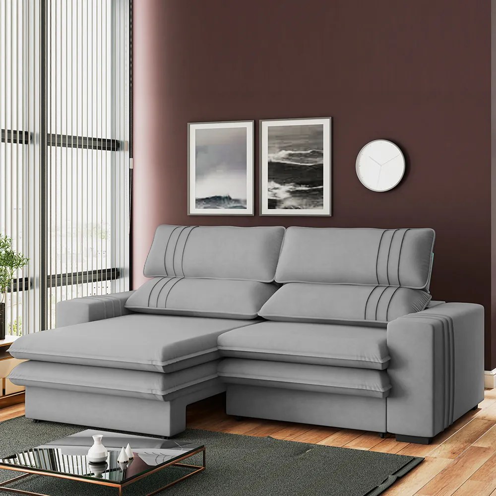 Sofá 2 Lugares Retrátil Noruega 230 cm Veludo Pés Tabaco - D'Rossi - Cinza