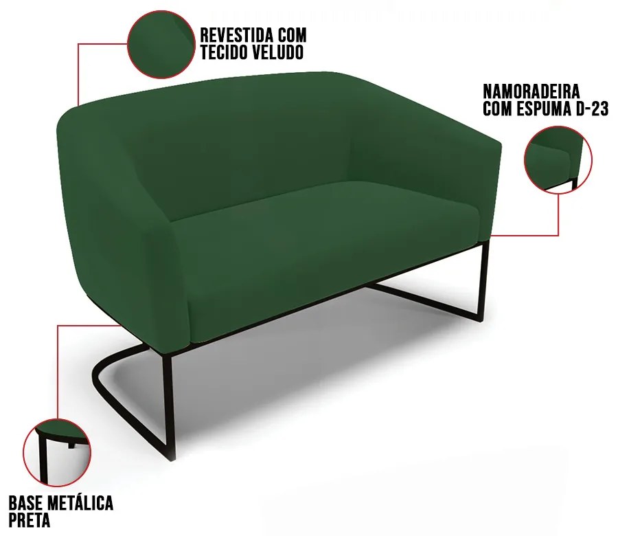 Sofá 2 Lugares Namoradeira Industrial Preto Stella Veludo Verde D03 - D'Rossi
