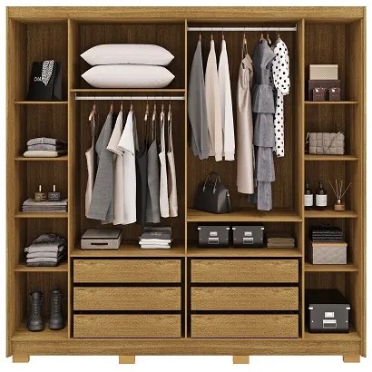 Guarda Roupa Com Espelho Pernambuco 6 Portas e 6 Gavetas Nature/Champanhe – Vila Rica Móveis