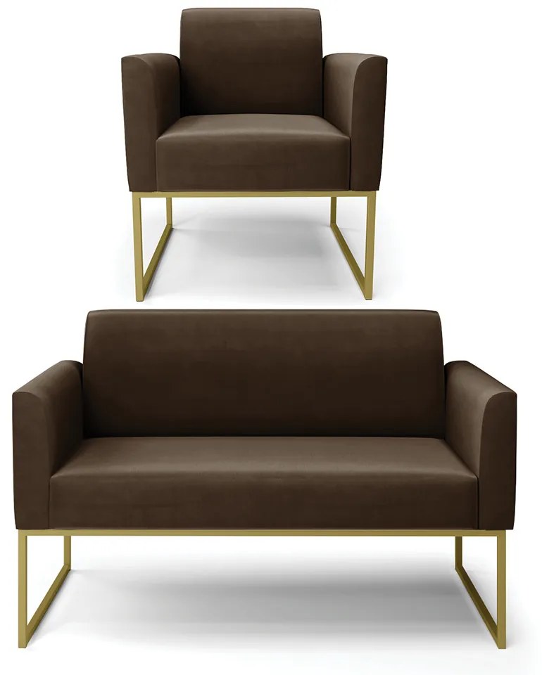 Sofá Namoradeira com Poltrona Base Industrial Dourado Marisa Suede D03 - D'Rossi - Marrom