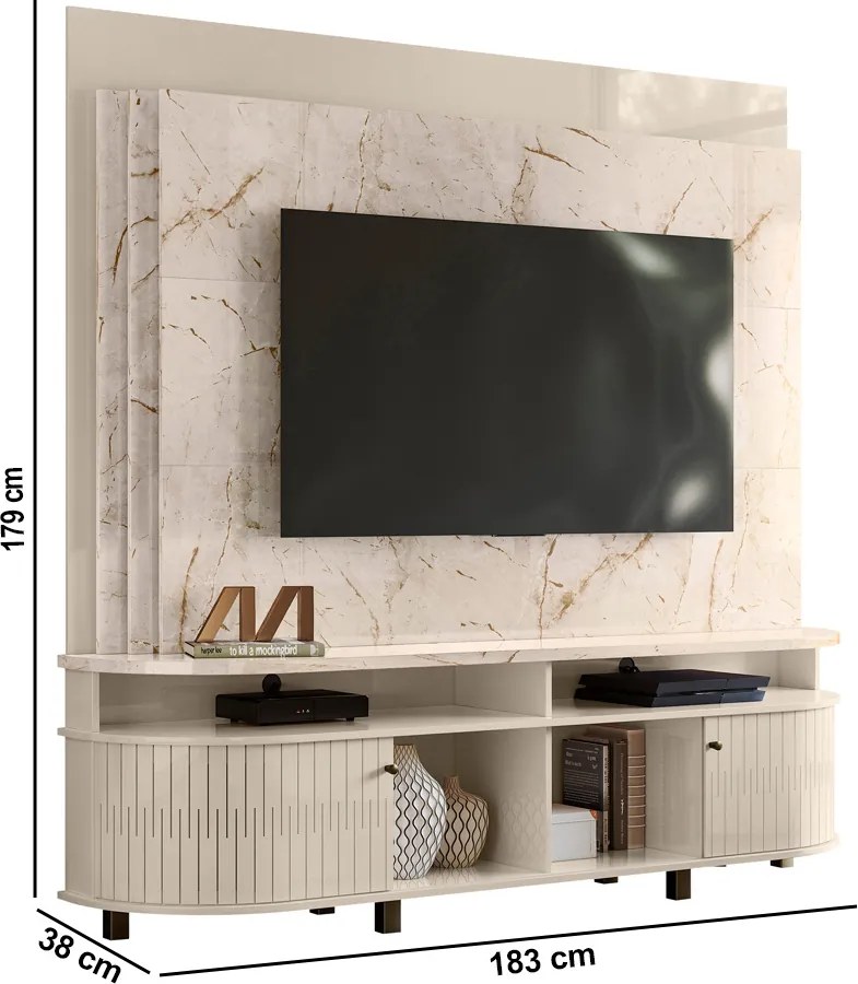 Estante de TV 65 Pol 183cm Sala de Estar Fayron Calacata/Off white M20 - D'Rossi