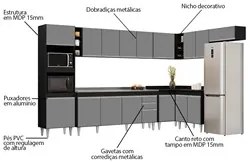 Armário de Cozinha Modulada de Canto 9 Peças CP06 Balcão com Pia Inox