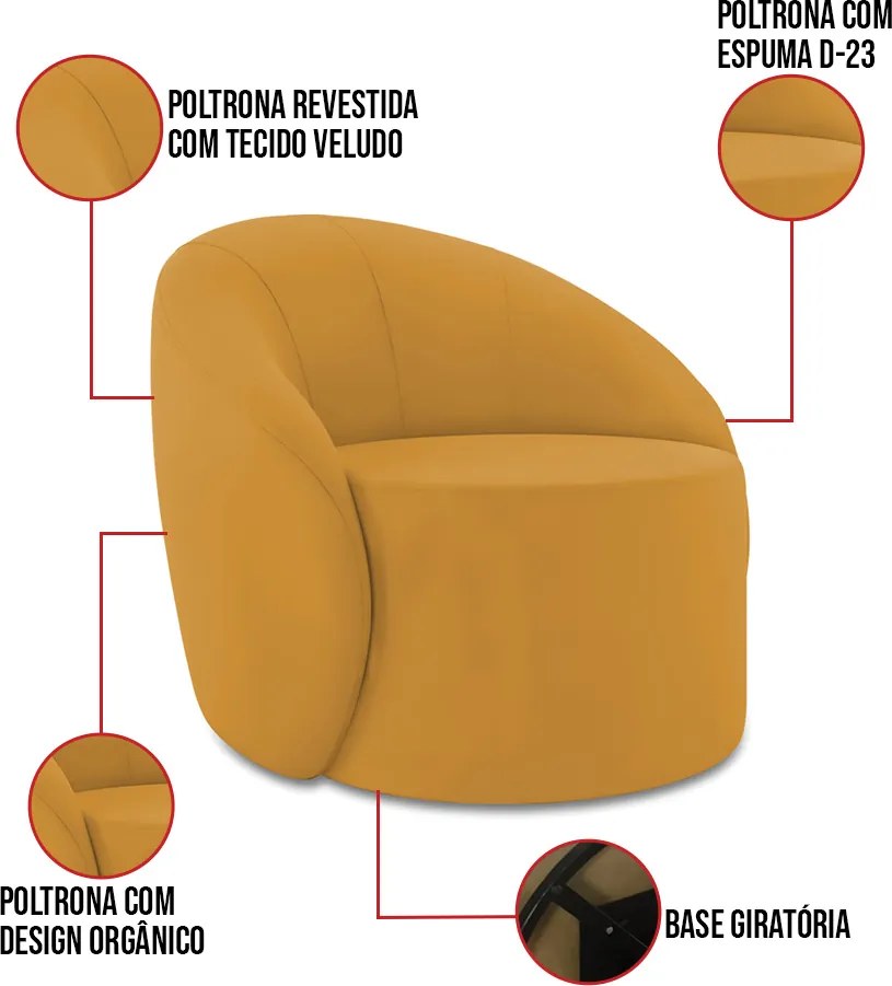 Poltrona Decorativa Orgânica Giratória Lua Veludo D03 - D'Rossi  - Mostarda