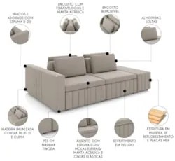 Sofá Ilha e Puff Sala Living 245cm Siesta Z32 Veludo Bege    - Mpozena