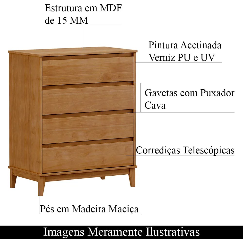 Cômoda Decorativa Every Madeira 4 Gavetas Freijó G74 - Gran Belo
