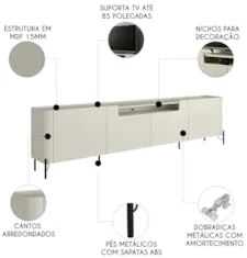 Rack TV 85 Pol 260cm 4 Portas Lisas Blen Luna/Preto I06 - Mpozenato