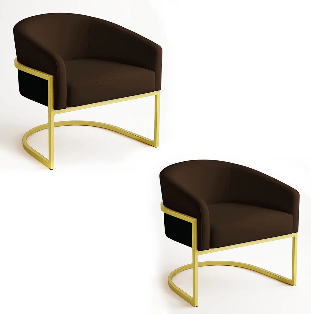 Poltrona Sala Decorativa Industrial Dourada Kit 2 Arielle Suede - Marrom