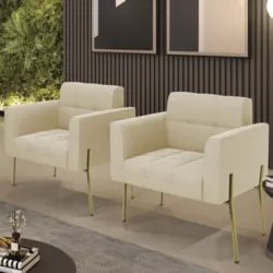 Poltrona Para Sala Pé Metal Dourado Kit 2 Ana Suede Bege - Ibiza