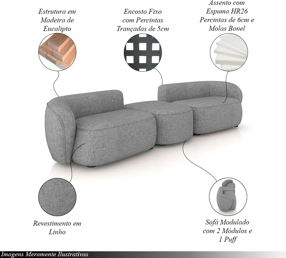 Sofá Versátil Sala de Estar Egito 342cm Modulado Linho Cinza Manchado G52 - Gran Belo