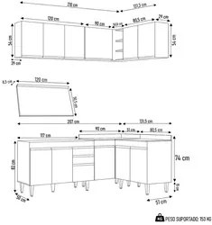 Armário de Cozinha Modulado de Canto 6 Peças CP29 Balcão com Tampo Bra