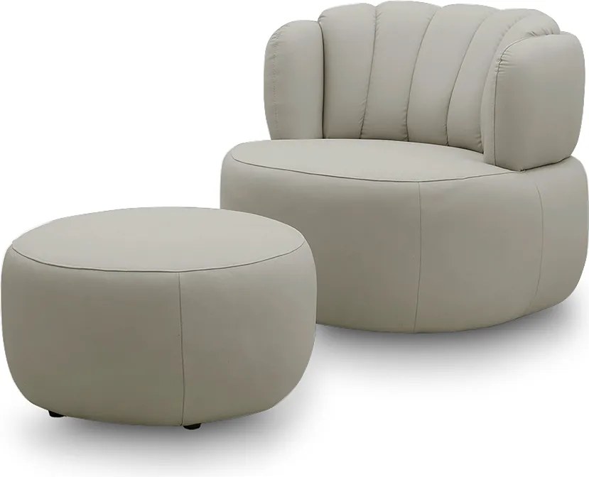 Conjunto Sala de estar Decorativo Mariele Poltrona Base Giratória em Aço com Puff Couro Bege G88 - Gran Belo