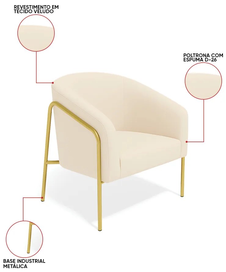 Poltrona Sala Industrial Alta Dourado Stella Veludo D03 - D'Rossi - Bege