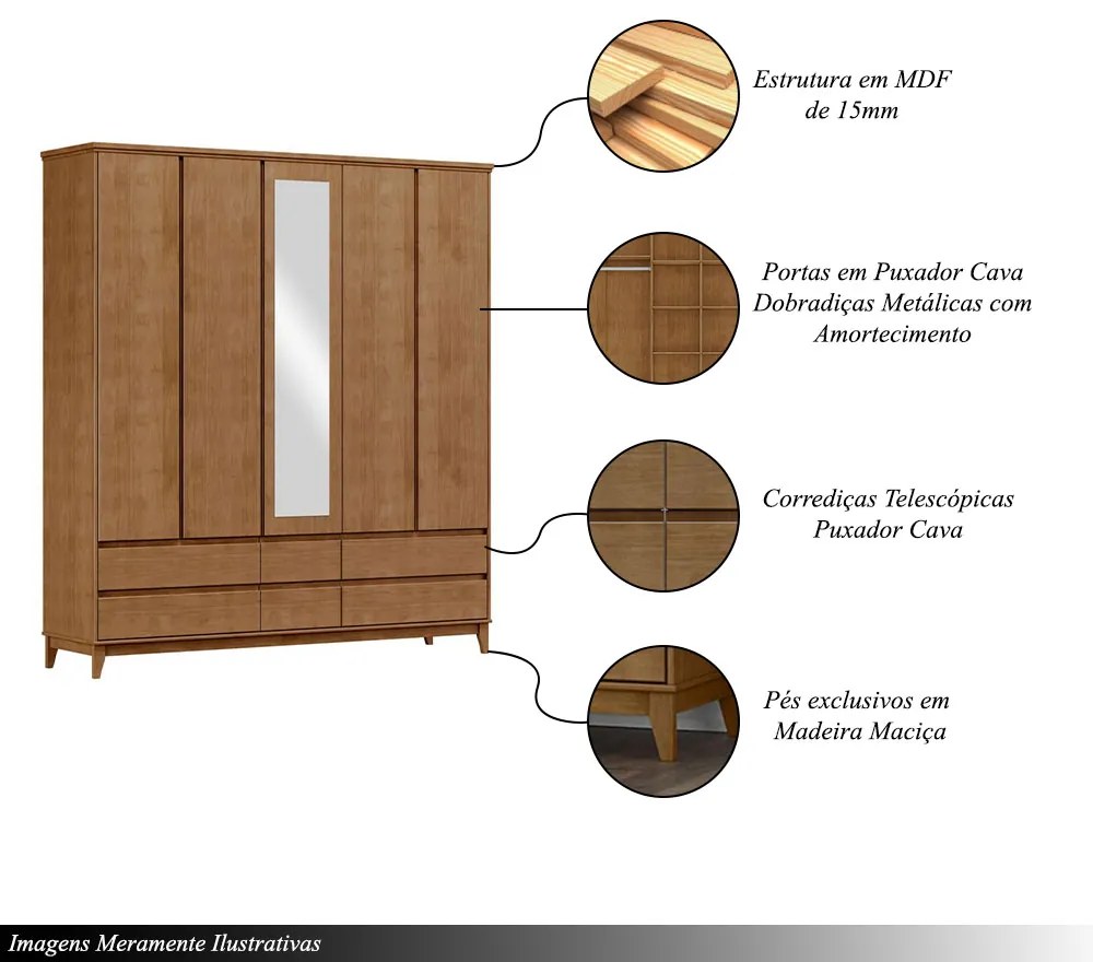 Guarda Roupa MDF 5 Portas Cullen 6 Gavetas Freijó - G74 - Gran Belo