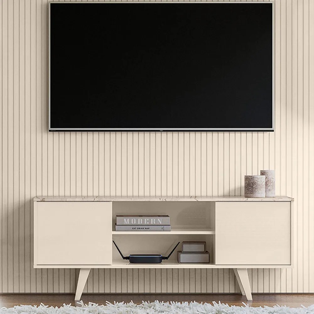 Painel TV 65 Pol 179cm Ripado Valen e Rack Bancada Korelli Calacata/Off White M20 - D'Rossi