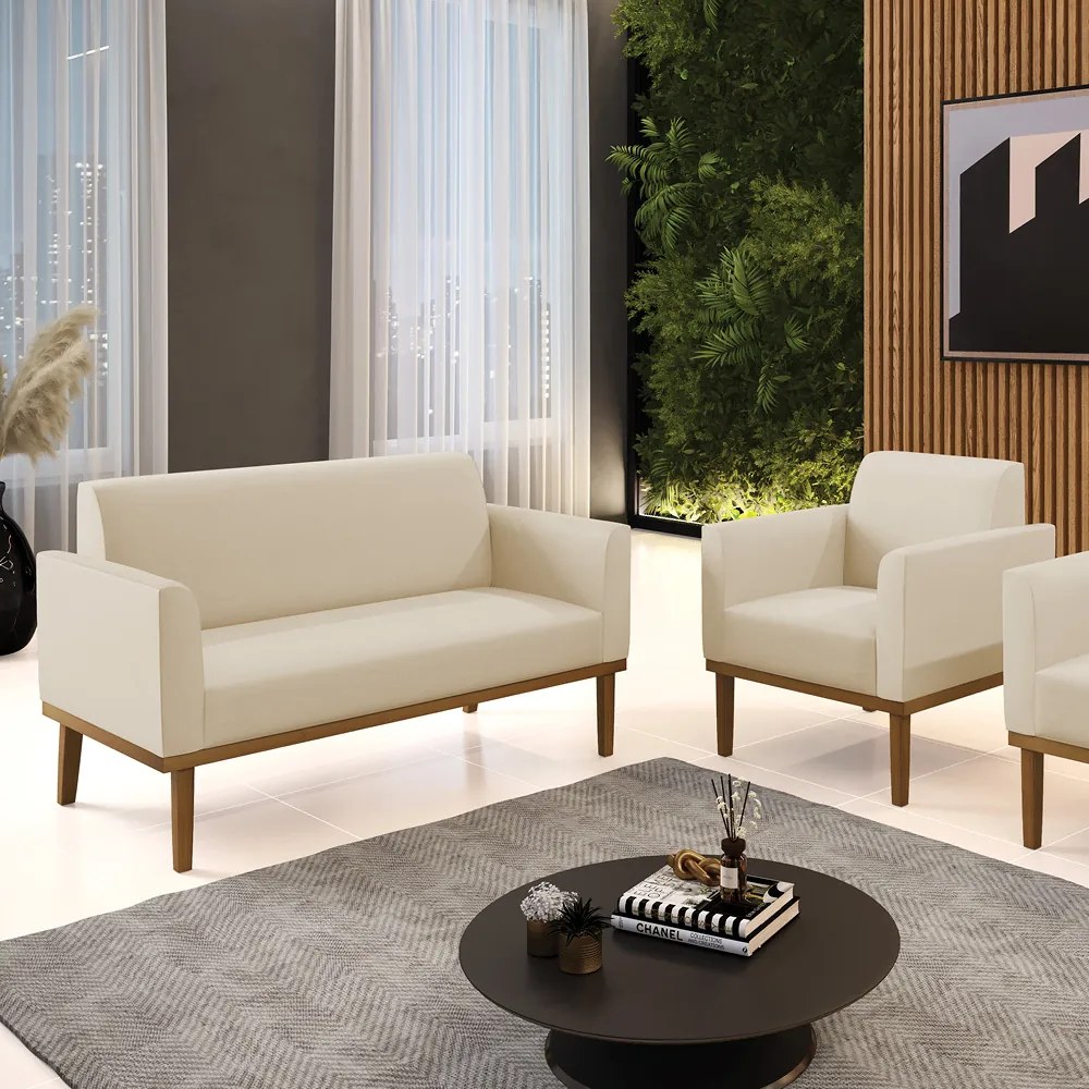 Conjunto Poltrona e Namoradeira Decorativa Isabella Pés Fixo em Madeira Castanho PU Bege G19 - Gran Belo