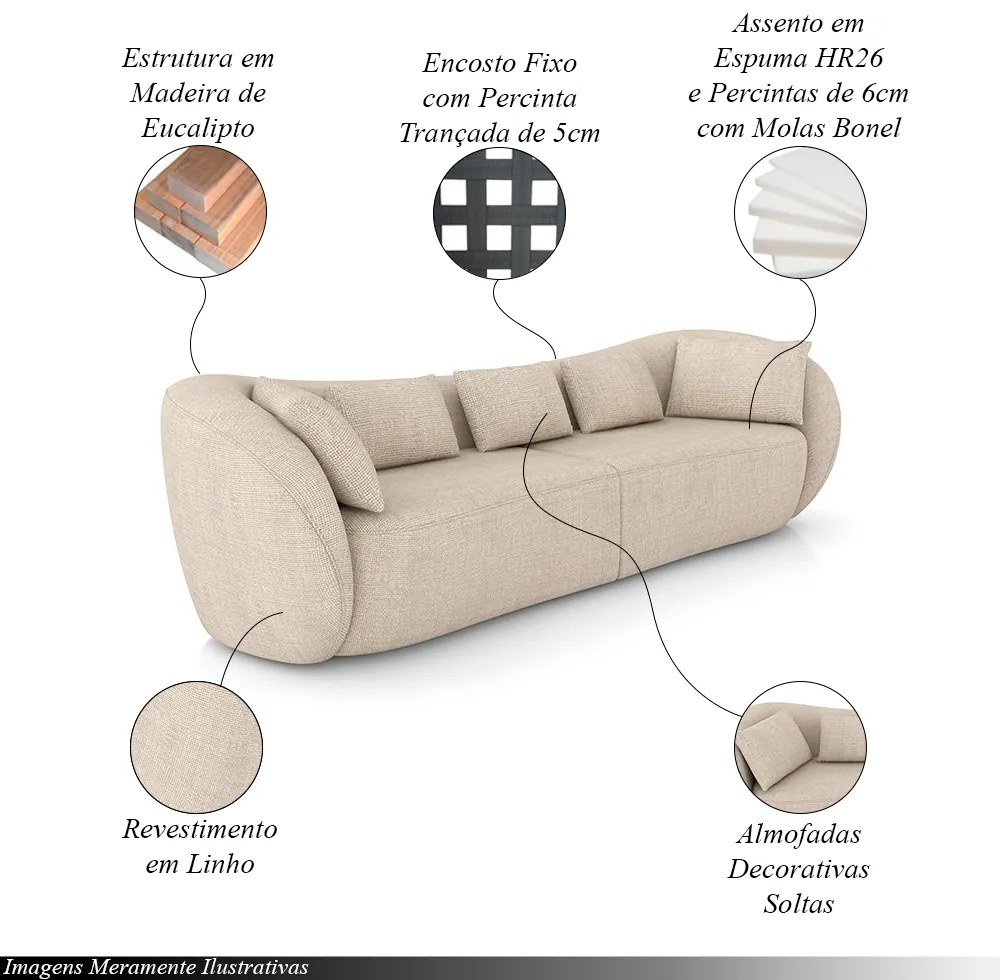 Sofá Bipartido Sala de Estar Diamond 252cm com Almofadas Soltas Linho Off White G52 - Gran Belo