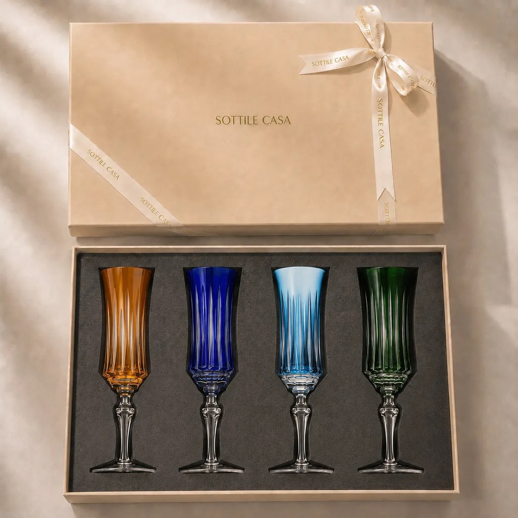 Kit 4 Taças Coloridas de Cristal Flauta Lapidado 66 p/ Champanhe c/ Caixa de Presente - KT05 KT05