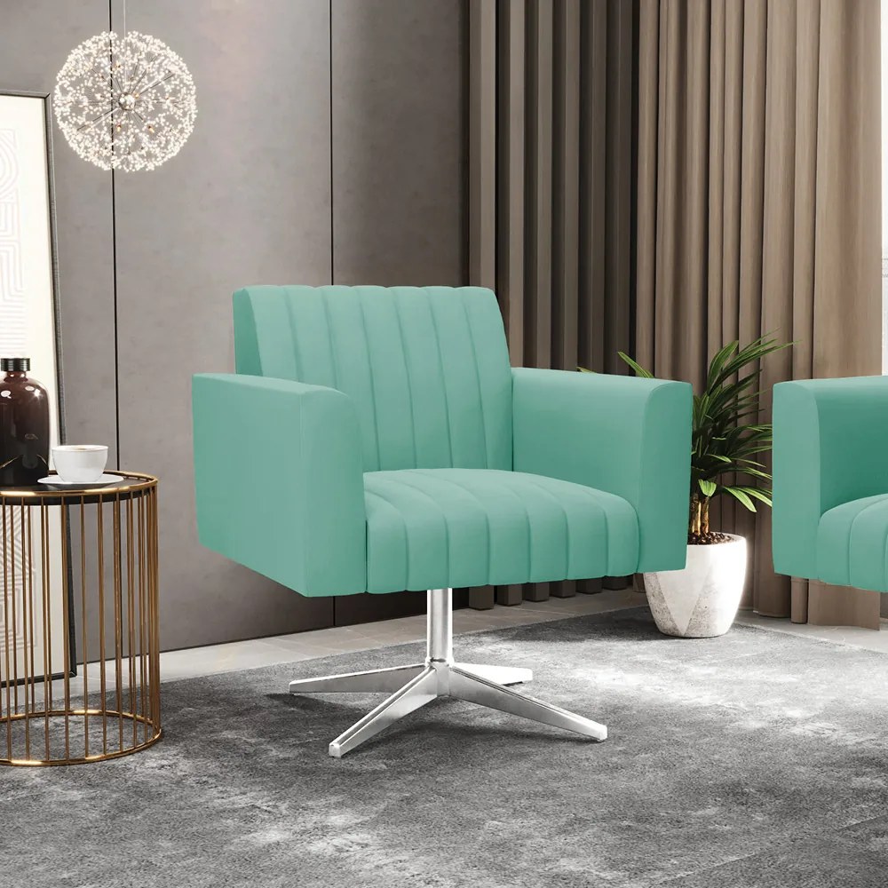 Kit 2 Poltronas Giratória Viena Gomada Suede com Base Cromada D03 - D'Rossi - Azul Turquesa