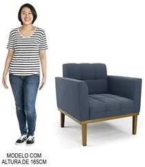 Sofá Namoradeira e 2 Poltronas Base Madeira Castanho Ana Suede Azul Ma